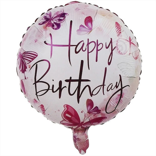 Balon Rotund Zi De Naștere Fluturi Folie Roz 45 cm