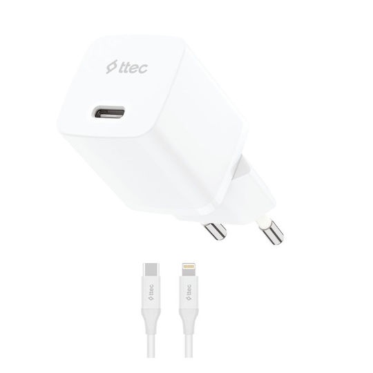 TTEC GaN Charger With USB-C Port And USB-C - Lightning Cable 20W Power Delivery White SmartCharger