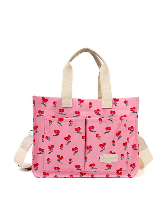 Hand Shoulder Bag Multifunctional Alista Home Snap Closure Cherry Print Textile Material 33.5 X 25 X 14.5 Cm Pink