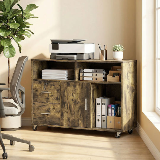 Cabinet De Birou Din Lemn Cu Roți Și Sertare Maro 100x35x65cm