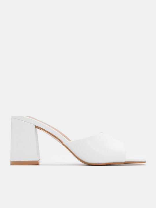 Women's Mules with Chunky High Heel in White Color