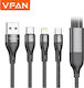 VFAN USB to Type-C / Lightning / micro USB Cable 3A Μαύρο 1m
