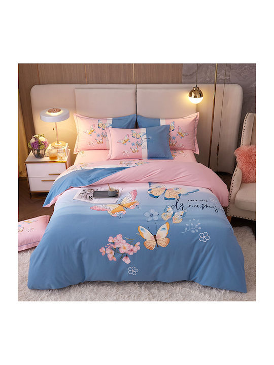 4 Seasons Collection Σετ Παπλωματοθήκη Φανελένια Υπέρδιπλη 220x240cm 2 Μαξιλαροθήκες & 1 Σεντόνι Ροζ Γαλάζιο
