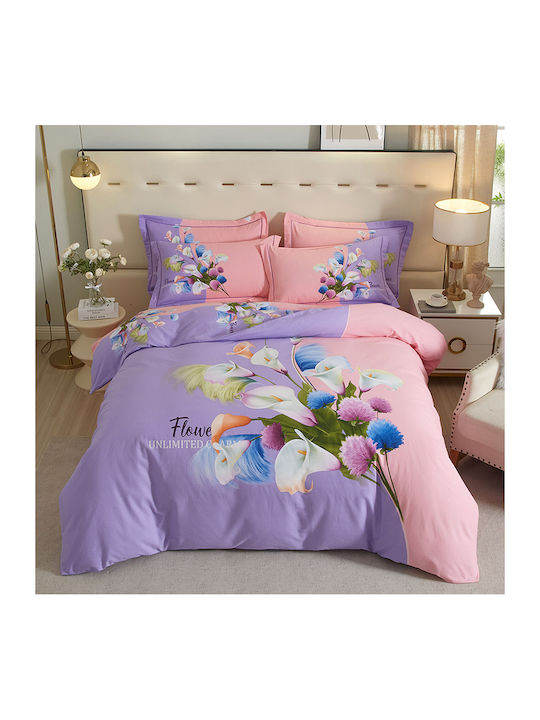 4 Seasons Collection Σετ Παπλωματοθήκη Φανελένια Υπέρδιπλη 220x240cm 2 Μαξιλαροθήκες & 1 Σεντόνι Ροζ Λιλά