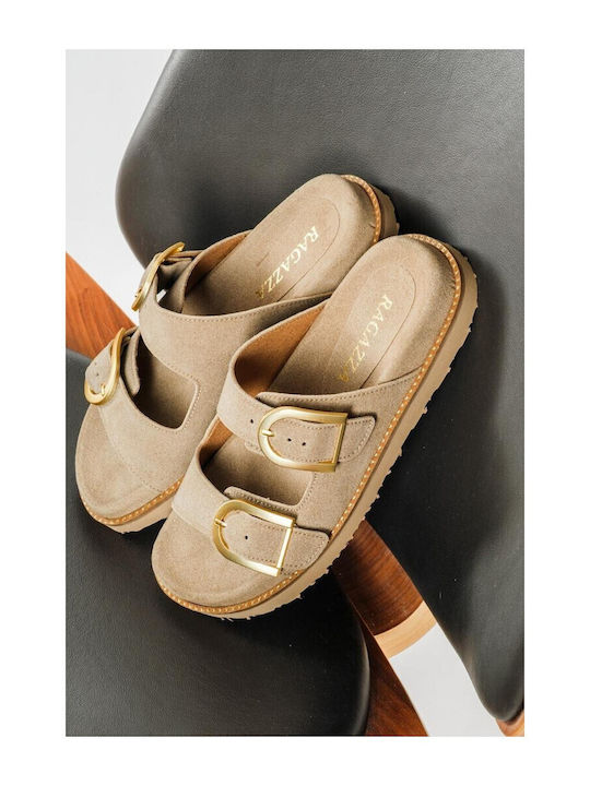 Ragazza Leder Flache Damen Sandalen Beiges