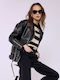 Celestino Women's Biker Artificial Leather Jacket Loose Fit Black