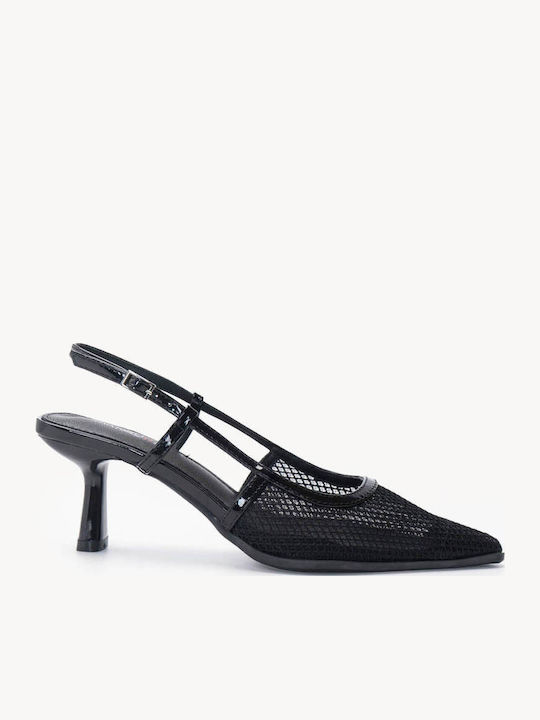 Pantofi Cu Toc Slingback Negri Din Plasă Perforată