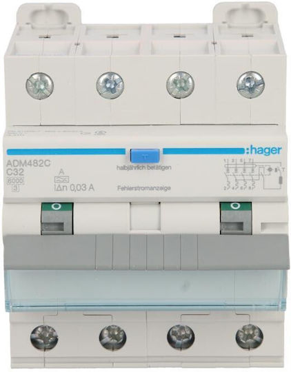 Hager Прекъсвач Трудност Конектор 4 Полюса C 32A 0.03A Тип A 6kA RCBO ADM482C