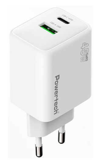 Powertech Φορτιστής Χωρίς Καλώδιο GaN με Θύρα USB-A και Θύρα USB-C 45W Power Delivery / Quick Charge 4.0 Λευκός (PT-1551)