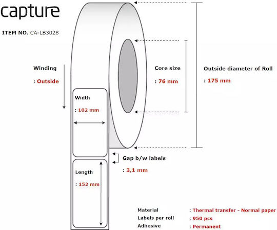 Capture 950 Αυτοκόλλητες Ετικέτες σε Ρολό 102x152mm 4τμχ