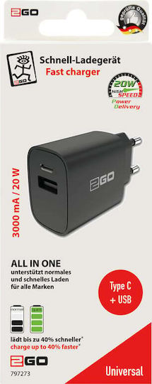2GO 2GO Handyladegerät Ohne Kabel mit USB-A Ausgangsanschluss und USB-C Ausgangsanschluss 20W Schwarzes (797273)