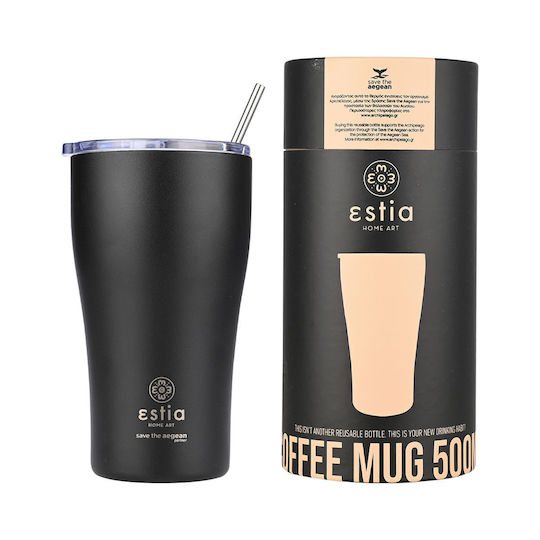 Estia Coffee Mug Save the Aegean Recyclable Stainless Steel Thermos Glass BPA Free 500ml Midnight Black with Straw