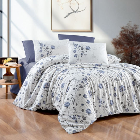 First Choice Set Huse Pentru Pilote 100% Bumbac Dublă Cu 4 Fețe De Pernă & 1 Cearceaf 200x220cm Flori Albastre