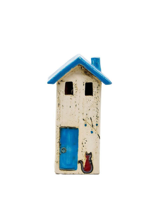 Rozos Ceramics 31-848 Tabletop Handmade Ceramic House-Tealight Blue White 8x15