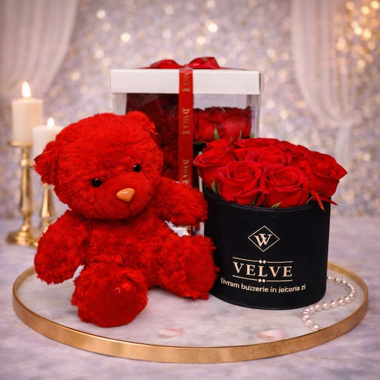 Pachet Special De Valentine Tommy Bear Aranjament 20 Cm 7 Trandafiri Săpun În Cutie Elegantă