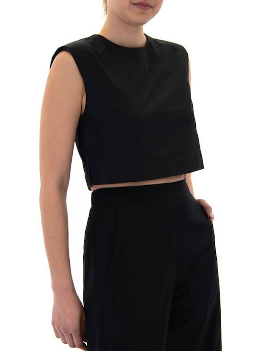 Moutaki Γυναικείο Crop Top Βαμβακερό Αμάνικο Black