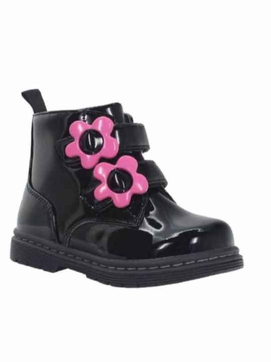 Anatomic Kids Ankle Boots in Patent Leather with Hoop & Loop Closure Black