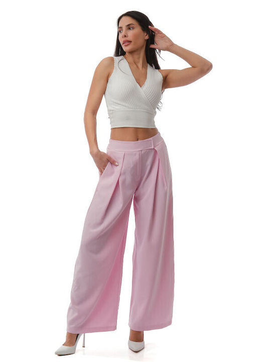 Pantaloni Largi Roz Cu Pliuri