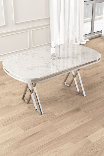 MDF Esstisch Mit Weißer Marmoroptik Und Silberner Basis 170x90x75cm
