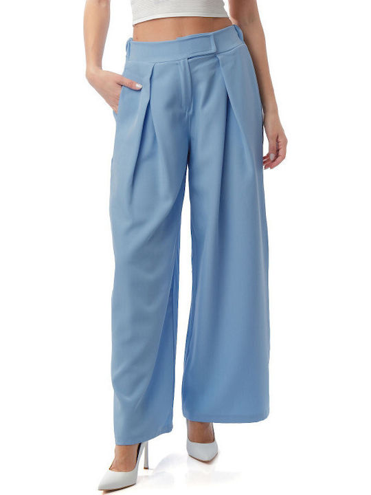 Pantaloni Largi Albastru Deschis Cu Pliuri