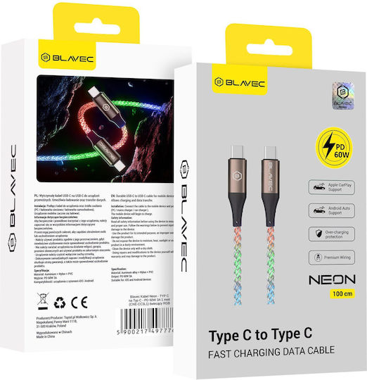 Blavec Cablu USB 2.0 LED Braided USB-C Tată - USB-C 60W PD 1m
