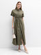 Summer Midi Shirt Dress Short Sleeve Khaki