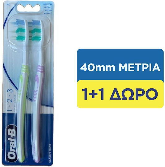 Oral-B 1-2-3 Classic Care Periuță de Dinți Medie Verde-Roz 2 Bucăți