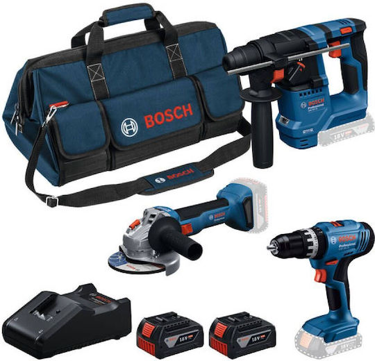 Bosch 0615A500AG Σετ Γωνιακός Τροχός, Δράπανο & Πιστολέτο 18V με 2 Μπαταρίες 4Ah και Θήκη