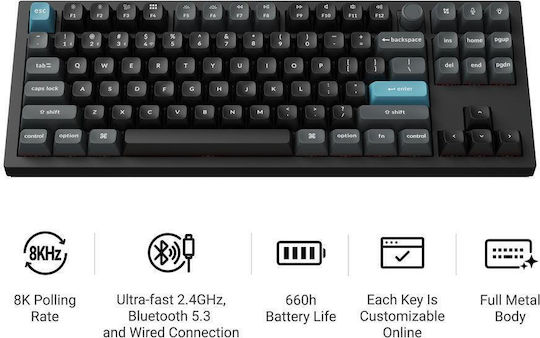 Keychron Q3 Ultra 8K Q3U-M1 Безжична Гейминг Механична Клавиатура Tenkeyless с Keychron Silk POM Червени Суичове и RGB Осветление (Английски US)