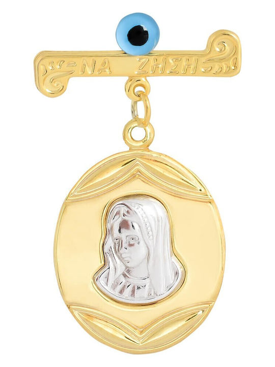 Children's Safety Pin Charm from Gilded Silver with Icon of the Virgin Mary