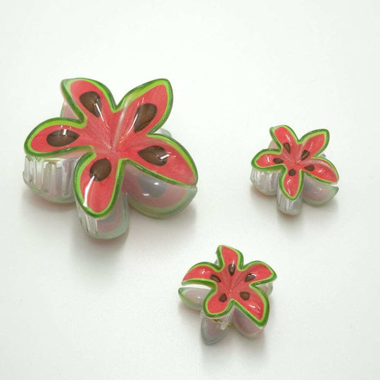 Set Of Hair Claw Clips With Flower Watermelon Design 3 Pieces Red