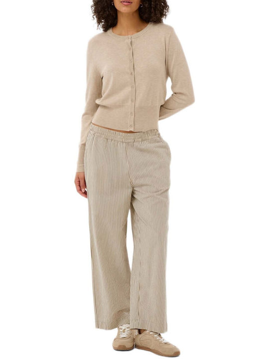 Kaffe Pantaloni Dama High Rise Tesatura Pantaloni Largi Cu Cauciuc Cu Dungi Bej Kaffe Pantaloni Dama High Rise Tesatura Pantaloni Largi Cu Cauciuc Cu Dungi Bej