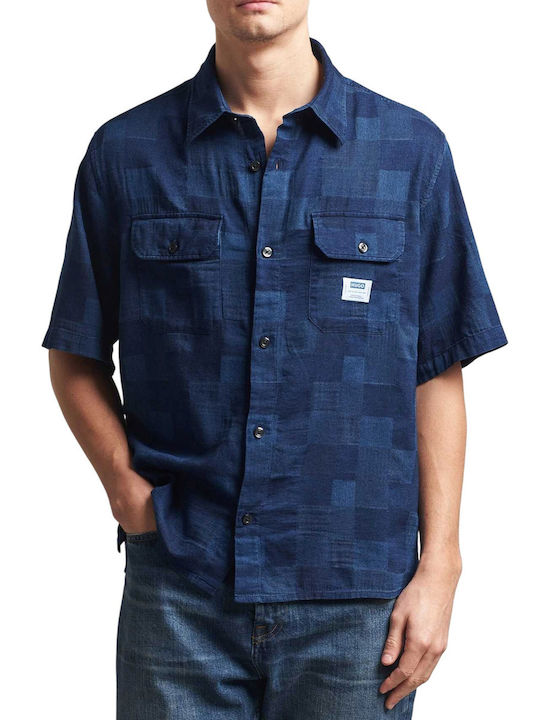 Short Sleeve Cotton Shirt in Oversized Checked Dark Blue Line
