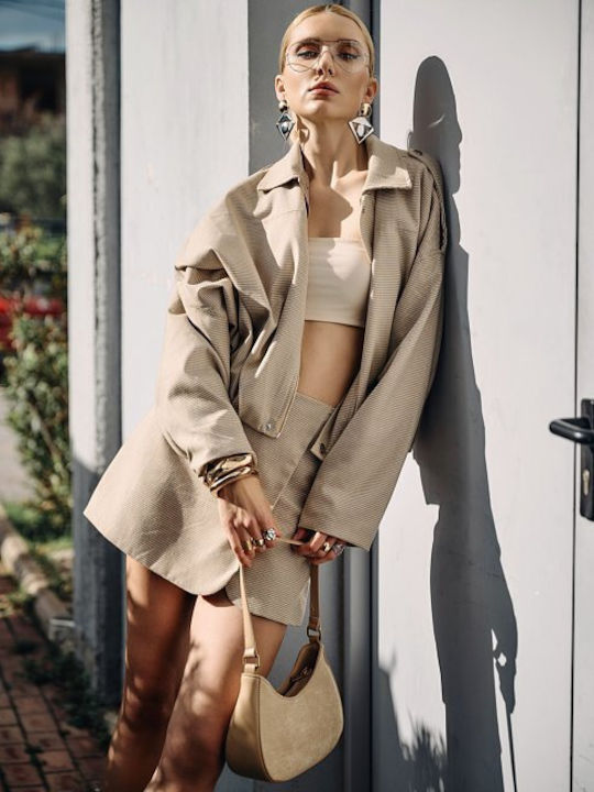 Μακρύ Γυναικείο Bomber Jacket Μπεζ