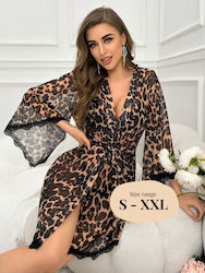 Halat Leopard Sexy Pentru Femei Din Voal Semitransparent Negru Cu Dantelă Șnur Reglabil Obro