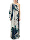 Summer Maxi Evening Satin Dress Ecru Blue Green