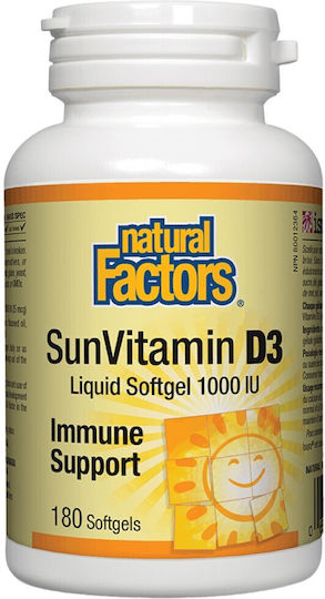 Natural Factors SunVitamin D3 Витамин За Подсилване На Имунната Система И Здравето На Костите 1000 IU Natural 180 Меки Капсули
