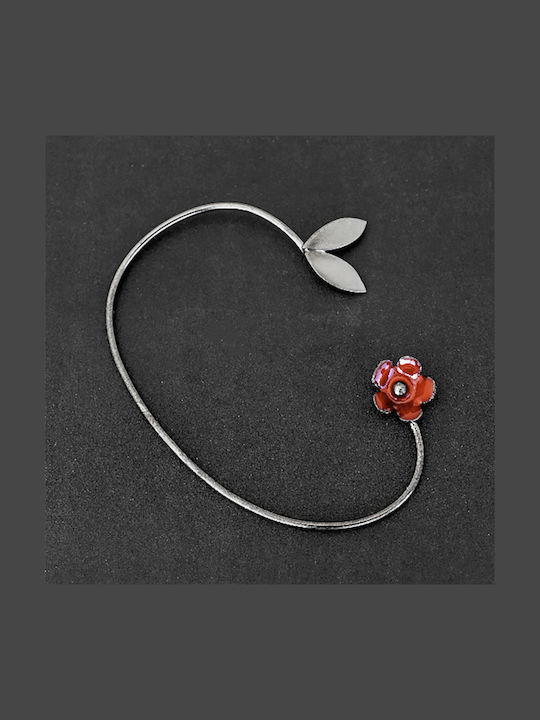 Ohrring Manschette Rote Blume Linkes Ohr Handgefertigt Schwarzes Silber 925