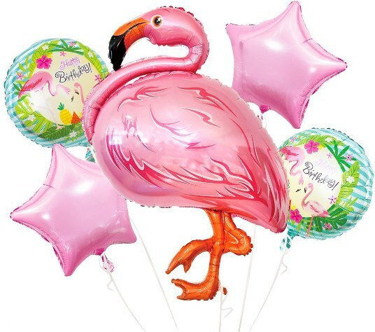 Set of 5 Round Flamingo Foil Balloons Pink Flamingo 45cm