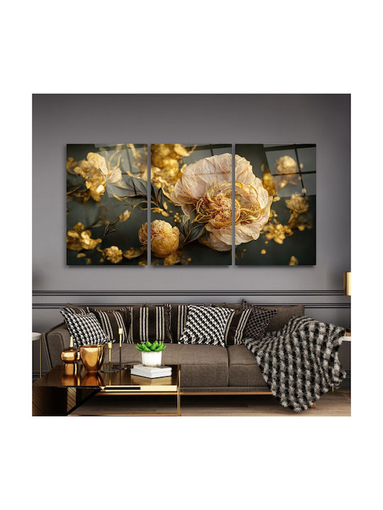Threefold Glass Set with Flowers Anthracite and Gold Details (35x50cm)