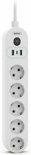 Andowl Power Strip Safety 5 Sockets with USB-A Switch and 2m Cable