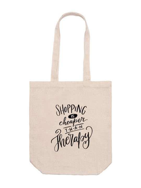 Τσάντα Μπεζ 37εκ. 42εκ. 12εκ Ψώνια Shopping Is Cheaper Than Therapy Dp6550