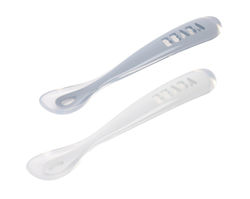 Beaba Baby Löffel & Kinderbesteck Set 1st Age aus Silikon mit Etui Blau 2 Stück