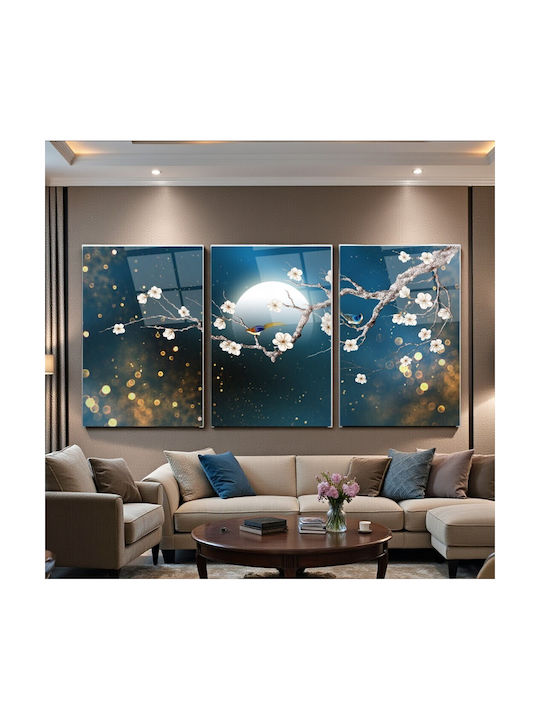 Threefold Glass Set With Flower Branch In Dark Blue (60x90cm)