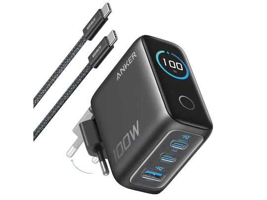 Anker Φορτιστής με Θύρα USB-A και 2 Θύρες USB-C και Καλώδιο USB-C - USB-C 100W Power Delivery Dark Grey (Smart Display)