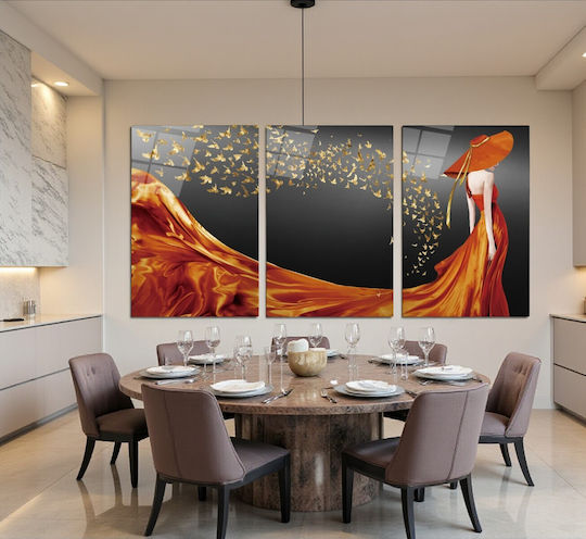 Dreifach Glas Set Mit Weiblichen Porträt Orangenfarben (60x90cm)