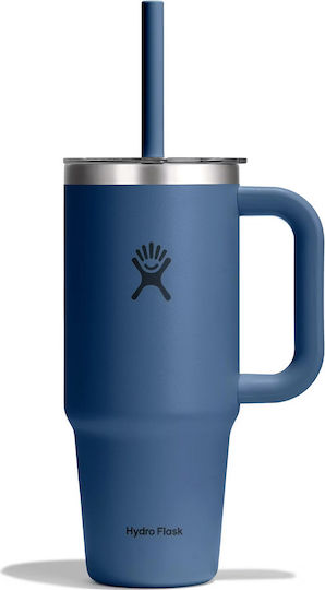 Hydro Flask Reise Becher mit Griff Thermosflasche Rostfreier Stahl / Kunststoff 710ml Harbor Blau mit Stroh und Handgriff