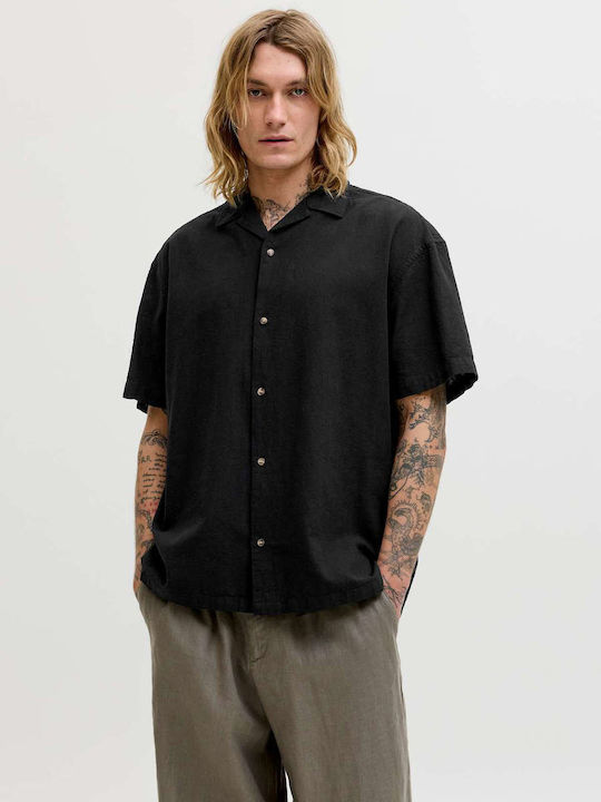 Resort Short Sleeve Linen Shirt in Wide Line Black