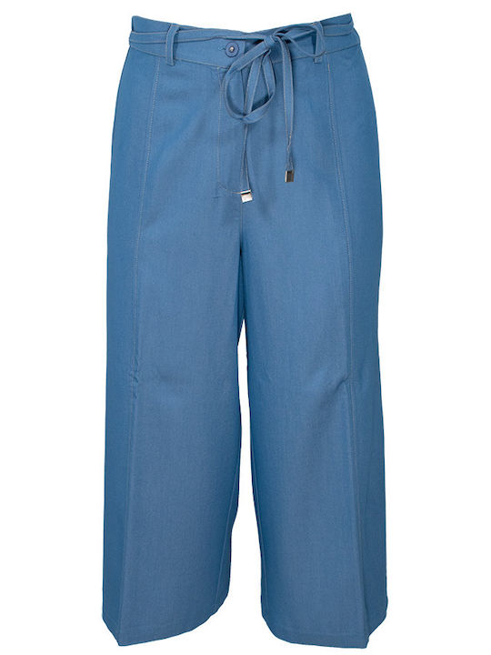 Women's Fabric Capri Trousers with Rubber Band Blue