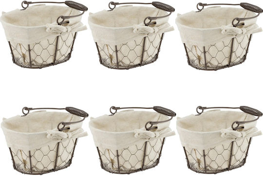 Set 6 Oval Bread Serving Baskets Raki 24.5x20x14cm Handle Made Metal Fabric